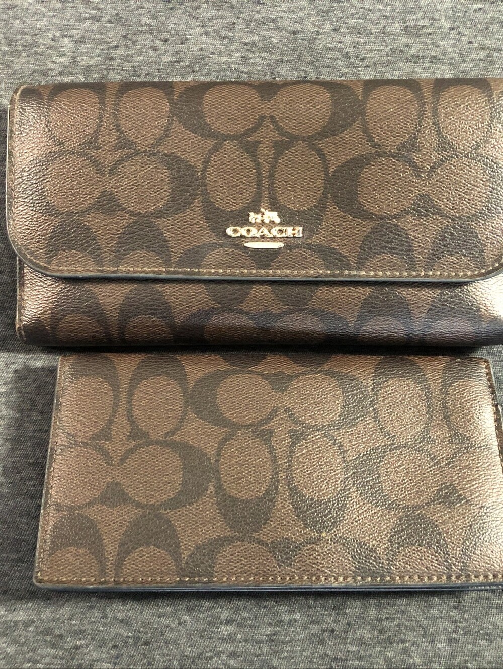 Vintage Y2K Coach Brown Leather Signature Monogram Wallet and Checkbook Set